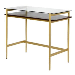 Eaton 36 in. Rectangular Brass Metal and Glass Writing Desk with Walnut Shelf