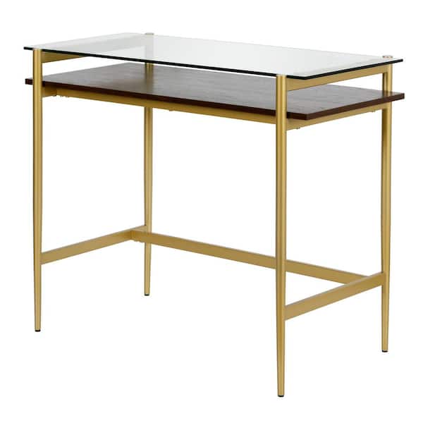 MEYER&CROSS Eaton 36 in. Rectangular Brass Metal and Glass Writing Desk with Walnut Shelf