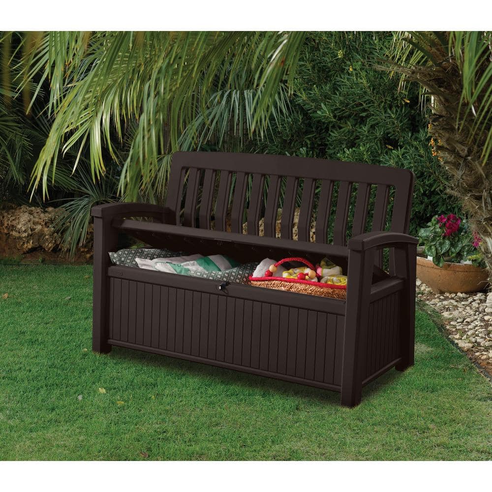 Brown Resin Outdoor Patio Storage Bench with 60 Gallon Capacity