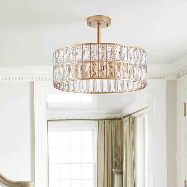 6-light Gold Crystal Drum Chandelier for Living Room and Kitchen Island with No Bulbs Included