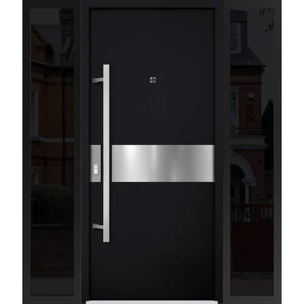 6072 60 in. x 80 in. Right-hand/Inswing 2 Sidelights Black Enamel Steel Prehung Front Door with Hardware