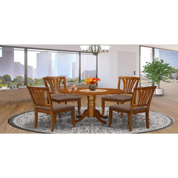 East West Furniture 5-Piece Round Saddle Brown Finish Solid Wood Top Dining table with 4 Chairs with Lattice Back