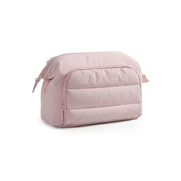 Pink Puffy Padded Makeup Bag with Wide-Open Design, Travel Toiletry Organizer for Women, Essential Accessories Storage