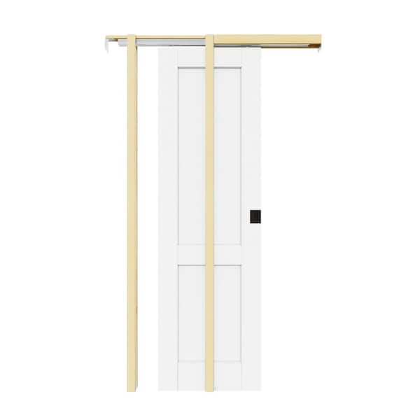 24 in. x 80 in. 2-Paneled White Primed Wood Pocket Door with Frame and Hardware Kit (Soft Close and Black Lock Incl)