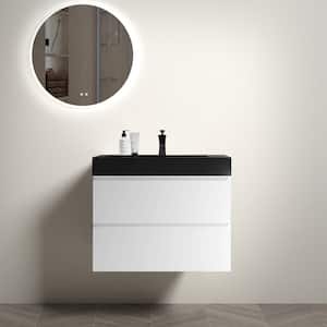 30 in. W Modern Wall Mounted Floating Bathroom Vanity with 2-Drawers and Black Sink in White