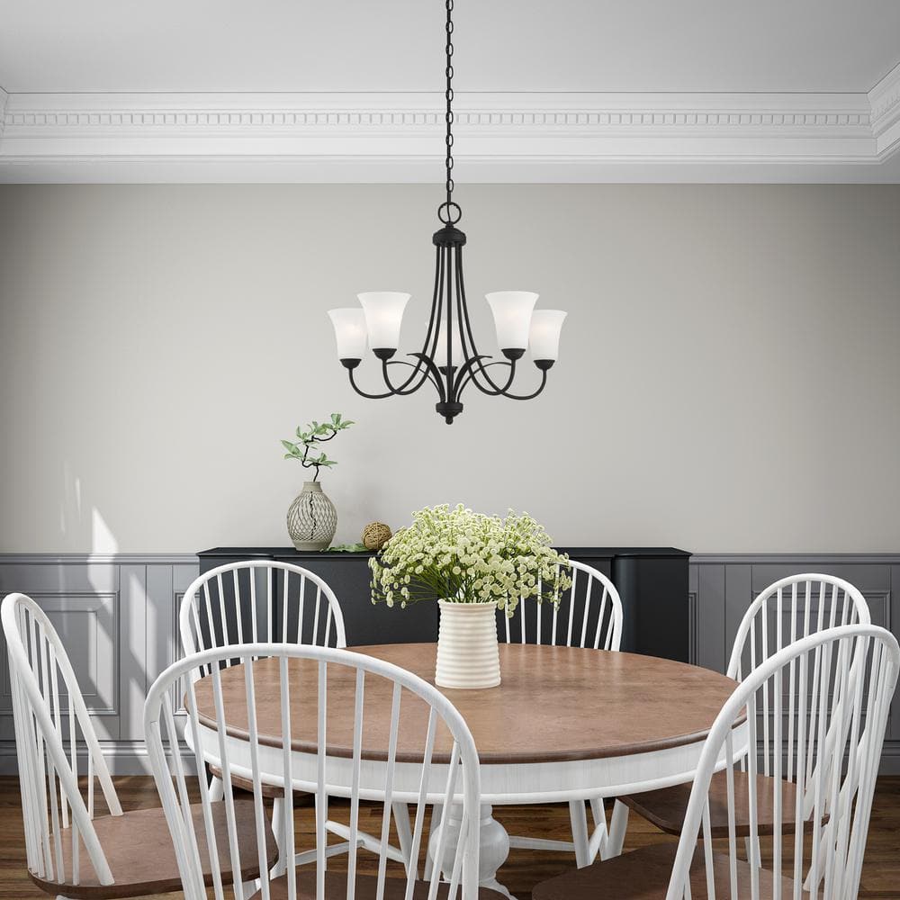 Elegant Transitional 5-Light Chandelier in Black with Satin Opal White Glass