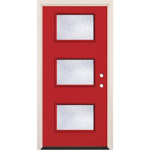 36 in. x 80 in. Left-Hand/Inswing 3 Lite Rain Glass Ruby Red Painted Fiberglass Prehung Front Door with 4-9/16 in. Frame