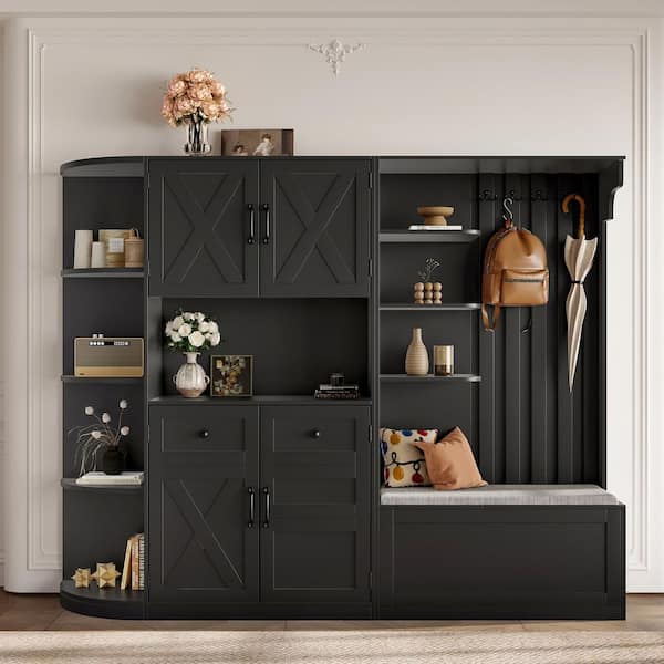 Black Multifunctional Left-Right Combination Storage Hall Tree with Cabinet, Shelves and 4-Hooks