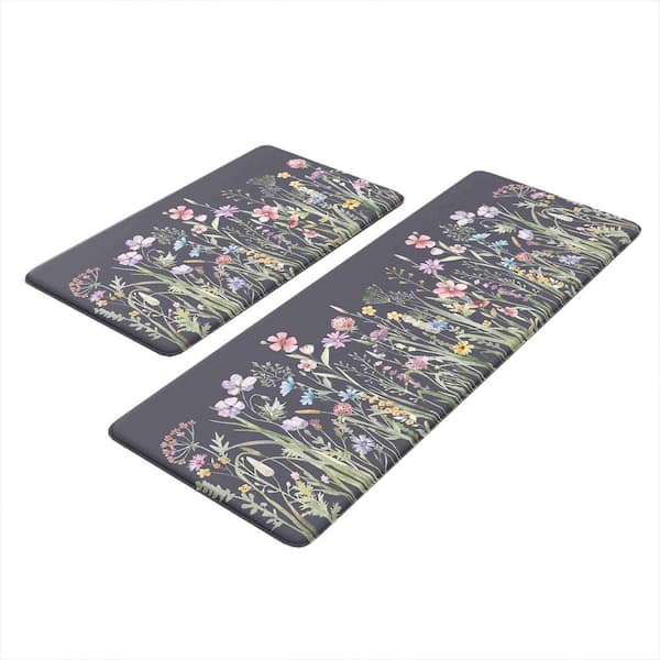 Dark Grey/Purple 17 in. x 47 in. +17 in. x29 in. Floral Indoor Kitchen Rugs Sets of 2