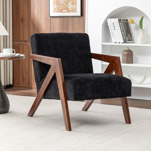 Modern Black Chenille Upholstered Accent Arm Chair with Espresso Finish Solid Wood Frame, for Living Room and Bedroom