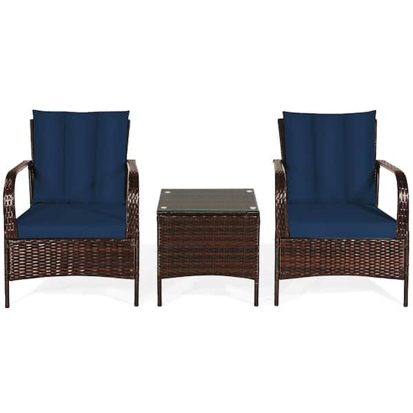 FORCLOVER 3-Piece Wicker Patio Conversation Set with Blue Cushions and Glass-Top Table