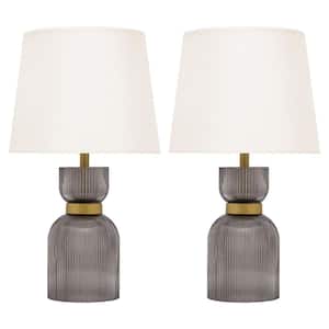 Set of 2 Roman 15.25 in. Smoke Gray, Gold and White Glass Table Lamps with White Fabric Empire Shades