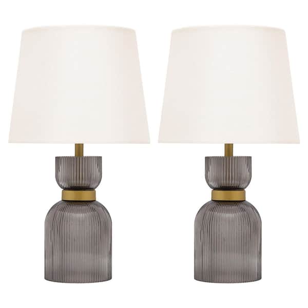 River of Goods Set of 2 Roman 15.25 in. Smoke Gray, Gold and White Glass Table Lamps with White Fabric Empire Shades