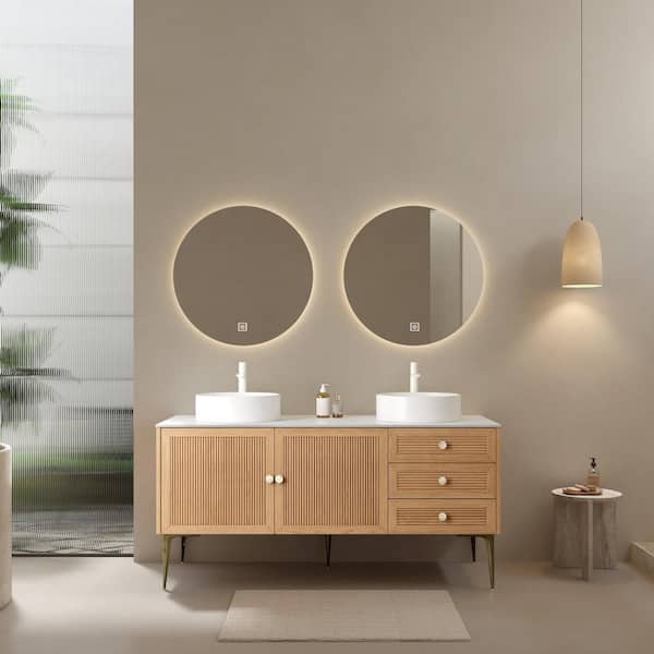 60 in. Double Sinks Freestanding Brown Bath Vanity with White Ceramic Top Unassembled