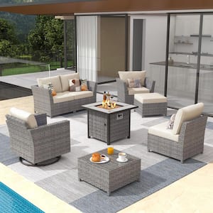 Bexley Gray 8-Piece Wicker Fire Pit Patio Conversation Seating Set with Fine-stripe Beige Cushions and Swivel Chairs