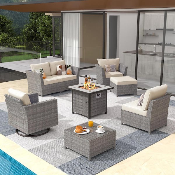 OVIOS Bexley Gray 8-Piece Wicker Fire Pit Patio Conversation Seating Set with Fine-stripe Beige Cushions and Swivel Chairs