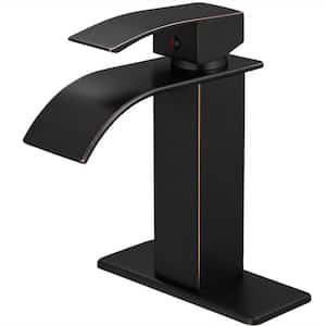 Single Handle Single Hole Waterfall Bathroom Sink Faucet Modern Brass Taps with Deckplate Included in Oil Rubbed Bronze