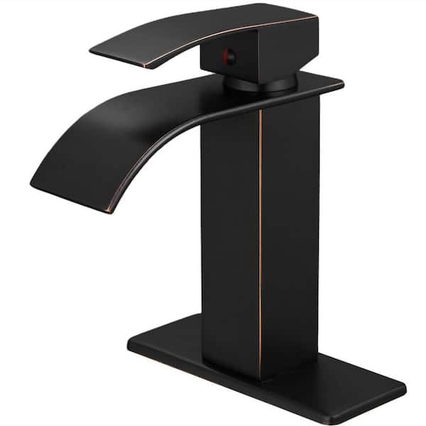 FLG Single Handle Single Hole Waterfall Bathroom Sink Faucet Modern Brass Taps with Deckplate Included in Oil Rubbed Bronze