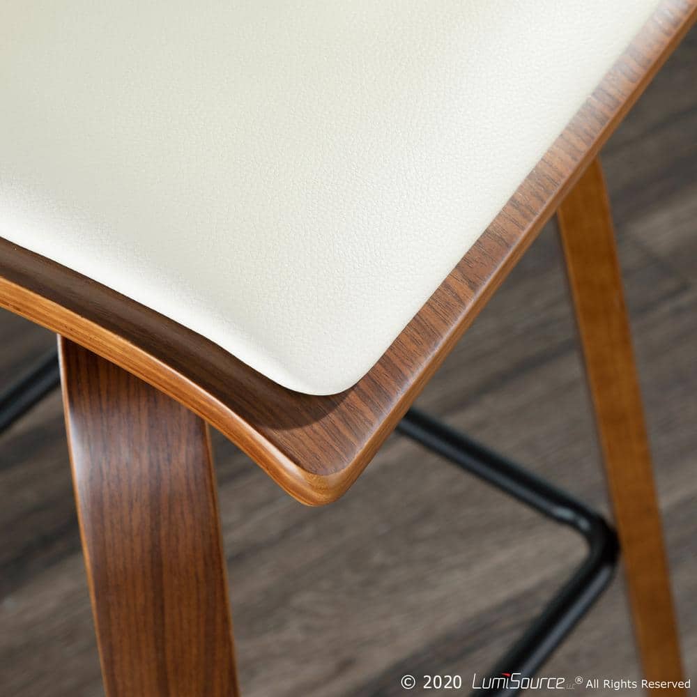 Mid-Century Modern Cream Leather Walnut Swivel Counter Stool - Set of 2