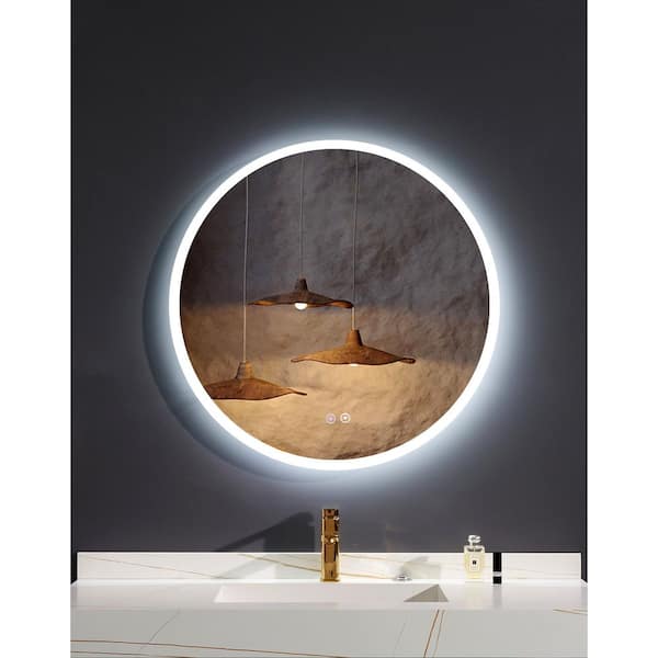 Unbranded Vanity Trident 32 in. W x 32 in. H Round frameless LED Wall Mount Bathroom Vanity Mirror with Touch Dimmer