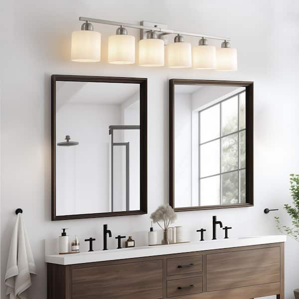 38 in. 6-Light Brushed Nickel Bathroom Vanity Light Fixture with Milky White Frosted Glass Shades, no bulbs included