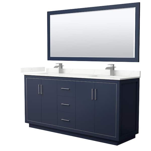 Wyndham Collection Icon 72 in. W x 22 in. D x 35 in. H Double Bath Vanity in Dark Blue with Giotto Quartz Top and 70 in. Mirror