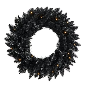 18 in. Black Pre-lit Artificial Halloween Wreath with 20 Warm White LED Lights