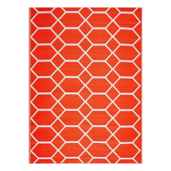 Miami Orange White 4 ft. x 6 ft. Reversible Recycled Plastic Indoor/Outdoor Area Rug-Floor Mat