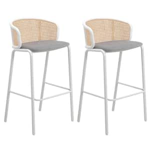 Ervilla Modern Wicker Bar Stool with Fabric Seat and White Powder Coated Steel Frame, Set of 2 (Grey)