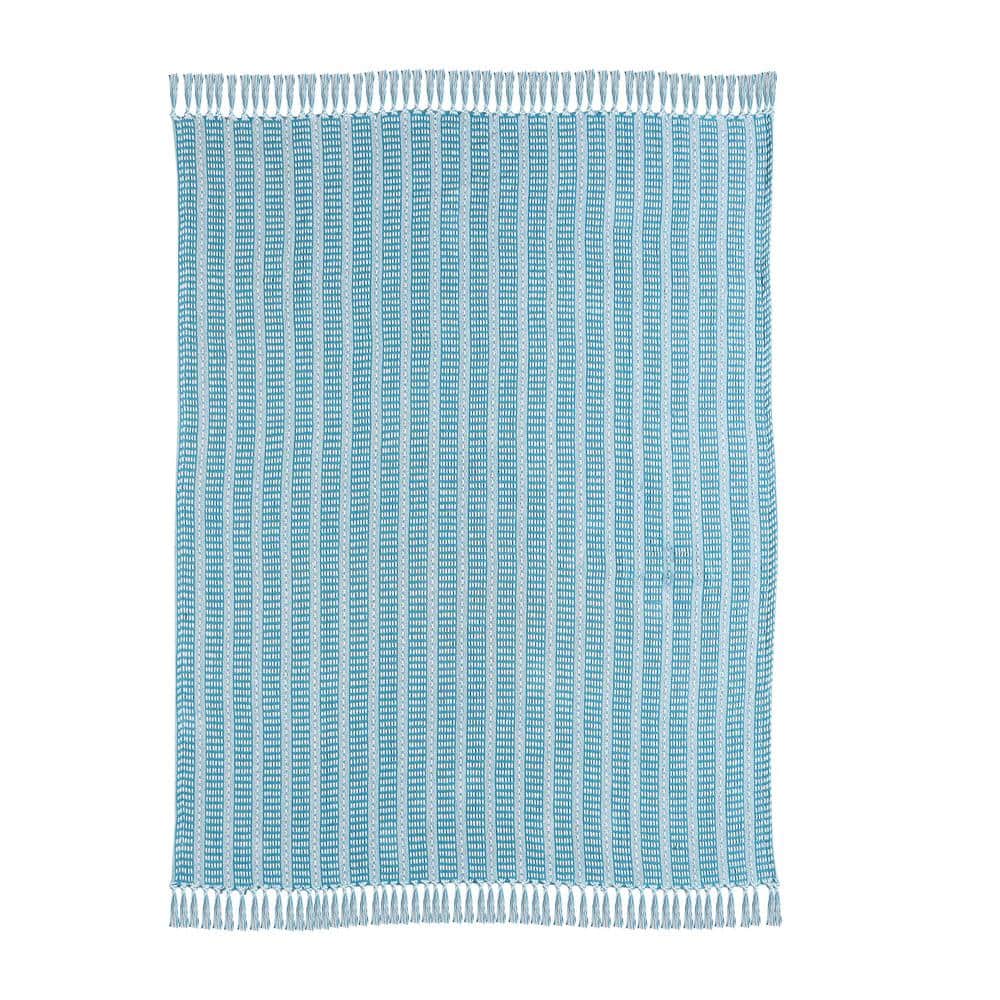 Ridgeline 50 in. x 60 in. Maui Blue/White Cotton Woven Striped Fringe Throw