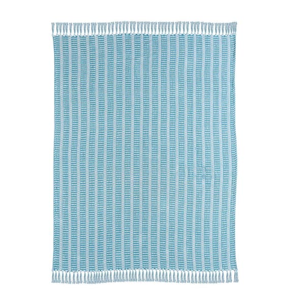 Unbranded Ridgeline 50 in. x 60 in. Maui Blue/White Cotton Woven Striped Fringe Throw Blanket