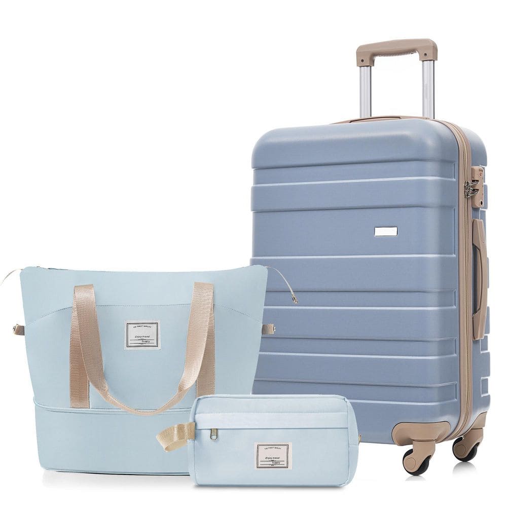 3-Piece Light Blue ABS Hardside Spinner Luggage Set with TSA Lock, 24in Checked Suitcase, Travel Duffel & Wet-Dry