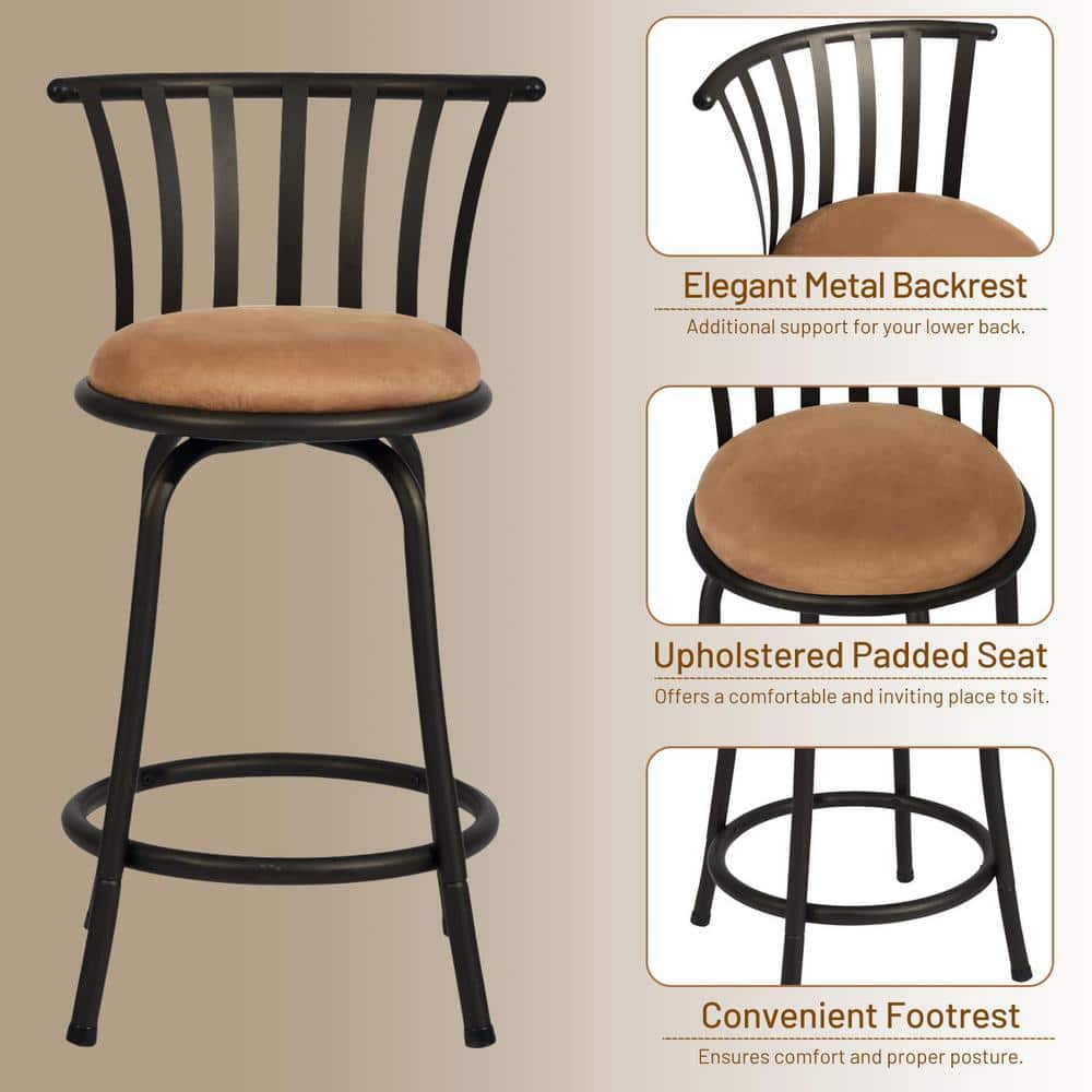 Set of 3 Beige Suede Swivel Counter Barstools with Black Metal Frame