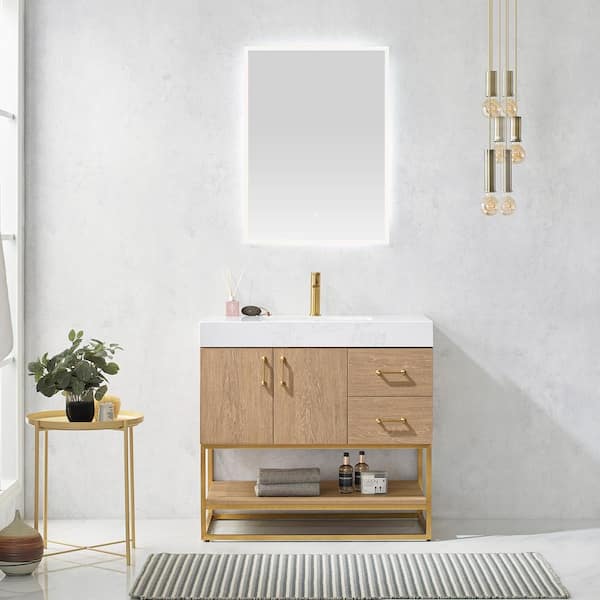 ROSWELL Alistair 36 in. Bath Vanity in North American Oak with Grain Stone Top in White with White Basin and Mirror