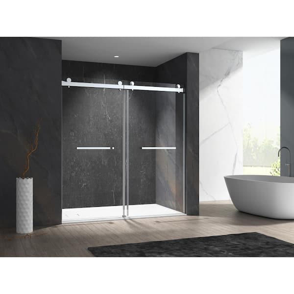 MCOCOD 72 in. W x 76 in. H Double Sliding Frameless Shower Door in Brushed Nickel with Smooth Sliding and 3/8 in. (10 mm) Glass