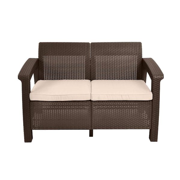 Keter Corfu Brown All-Weather Resin Patio Loveseat with Tan Cushions