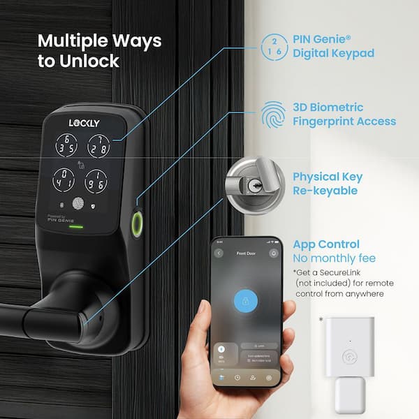 Secure Plus Matte Black Spring-Loaded Latchbolt Smart Lock With Lever Door Handleset, Fingerprint, Keypad, Bluetooth