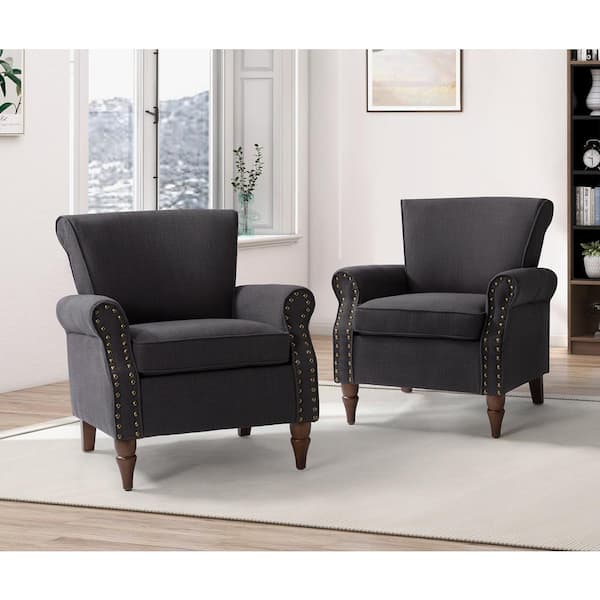 JAYDEN CREATION Cythnus Traditional Charcoal Nailhead Trim Upholstered Accent Armchair with Wood Legs Set of 2