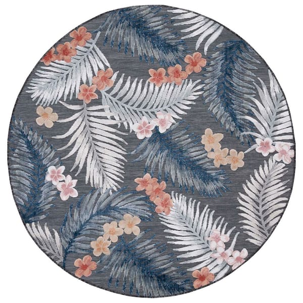 Cabana Black/Rust 6 ft. x 6 ft. High-Low Botanical Floral Indoor/Outdoor Round Area Rug