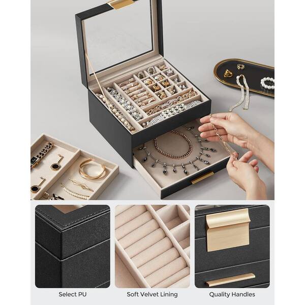 指輪入れ 8 x 9.1 x 5.3 in. Black and Gold Jewelry Box Organizer with Glass