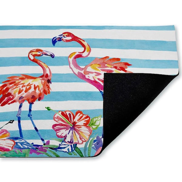 Brushstroke Flamingo Stripes Blue 18 in. x 30 in. Polyester Non-Slip Outdoor Door Mat