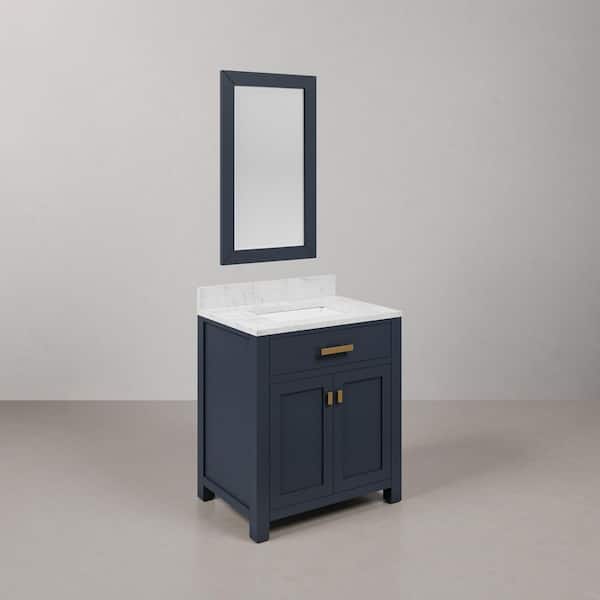 Madison 30 in.W x 21.5 in.D x 34 in.H Single Sink Bath Vanity in Monarch Blue with Carrara White Marble Top and Mirror