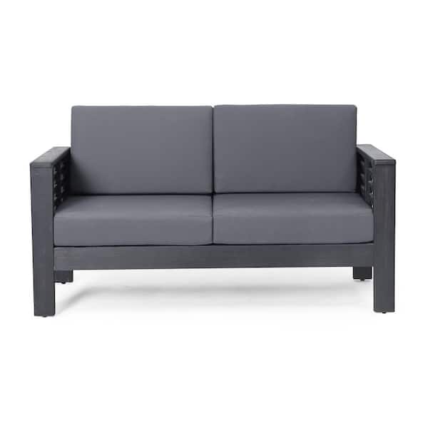Dark Gray Wood Patio Conversation Set with Gray Cushions​
