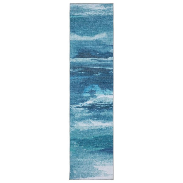 2 X 8 Sky Blue, Ivory Abstract Washable Area Rug Runner Rug