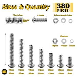 380-Pieces M4 Screw Nuts & Bolts Assortment Kit 304-Stainless Steel Button Head Socket Cap Metric Screws Bolts in Silver