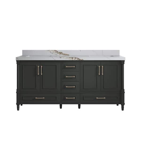 Willow Collections Hudson 72 in. Double Sink Freestanding Black Top Bath Vanity with Calacatta Gold Quartz Top Unassembled