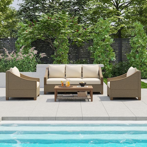 Unbranded 4-Piece Brown Rattan Wicker Outdoor Patio Conversation Set with Beige Cushions for 5 and Coffee Table