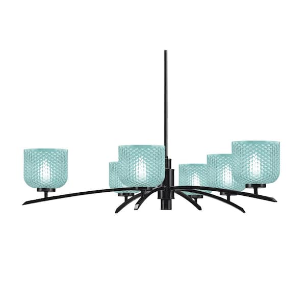 Unbranded Siena 6-Light Matte Black Chandelier, Round Chandelier with Turquoise Glass Shades, No bulb Included