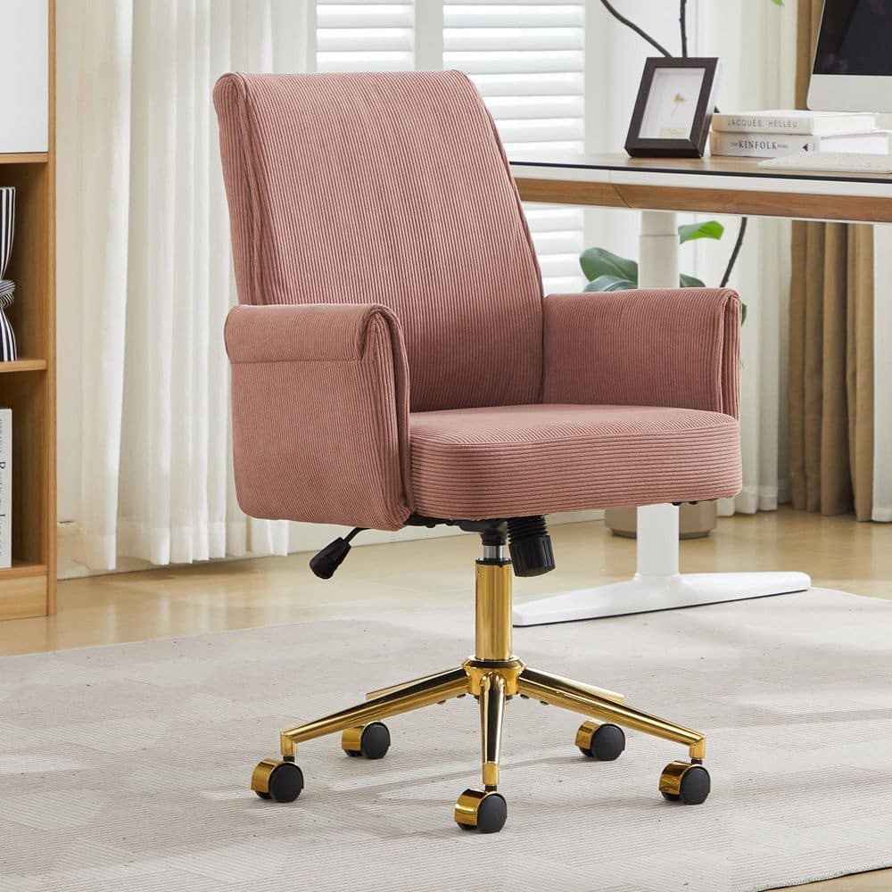 Striped Corduroy Fabric Mid Back Swivel Ergonomic Office Chair in Light Pink