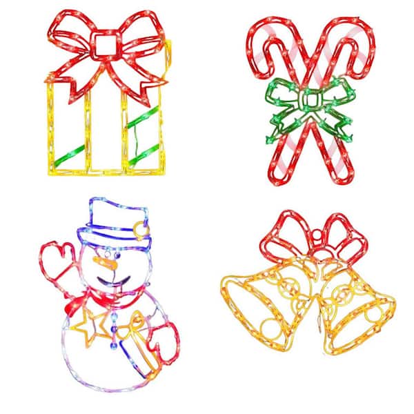 4-Piece Plastic Christmas Colour Lighted Gift Box Snowman Candy Cane Bell Window Silhouette Lights for Holiday Decor